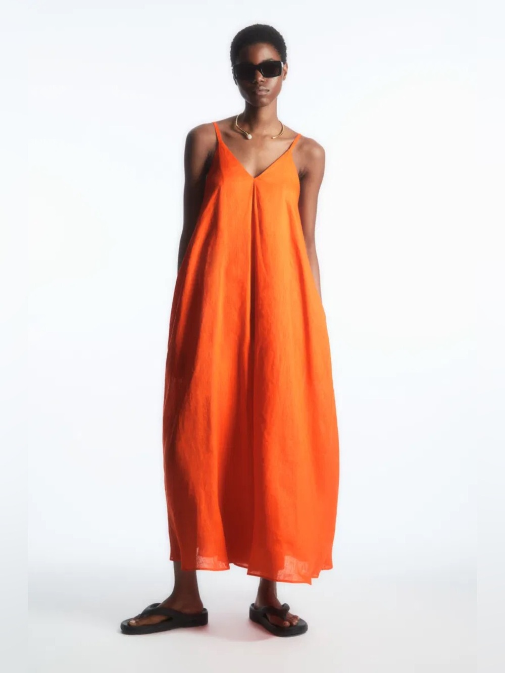 COS Orange Pleated Linen Maxi Dress V Neck